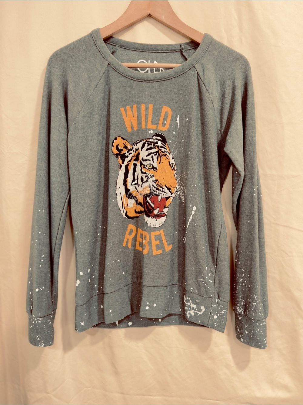 Chaser Wild Rebel Tiger Graphic Sweatshirt Olive Green Paint Splatter XS - Picture 2 of 11